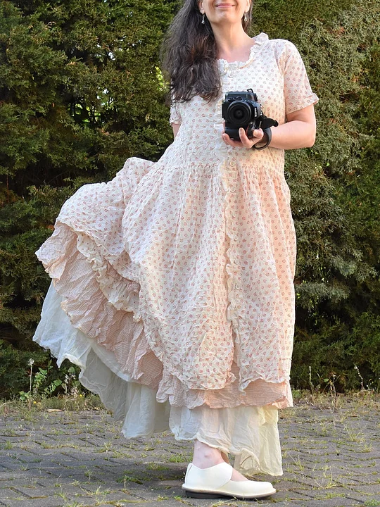 Round Neck Soft Floral Short Sleeve Linen Dress