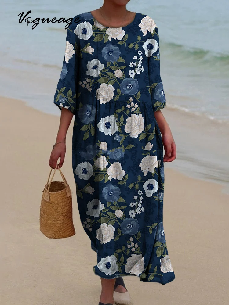 Elegant And Dignified Flowers Printed Women's Casual Cotton And Linen Dress