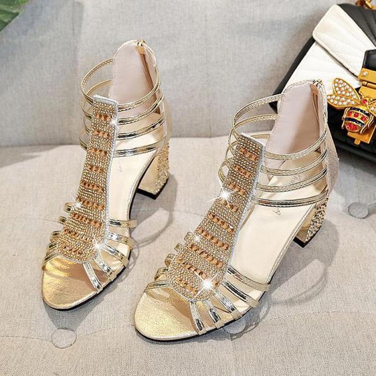 New Women Wedding Shoes Ankle Boots Sandal Open Toe High Heels Dress Bling Pump Silver Gold Sandals Peep Toe Chunky Heels - BlackFridayBuys