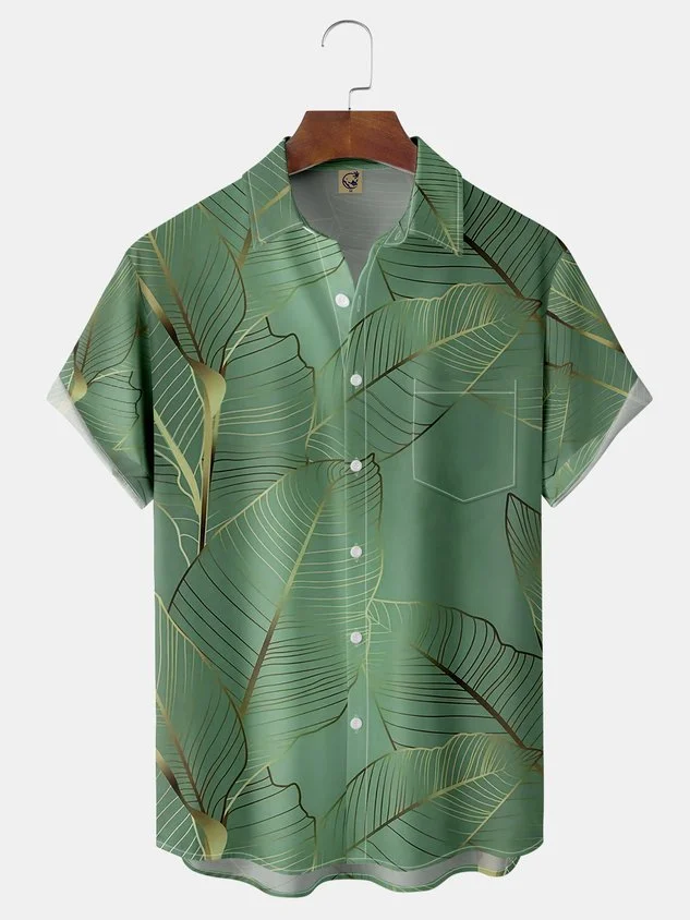 Leaves Chest Pocket Short Sleeve Hawaiian Shirt
