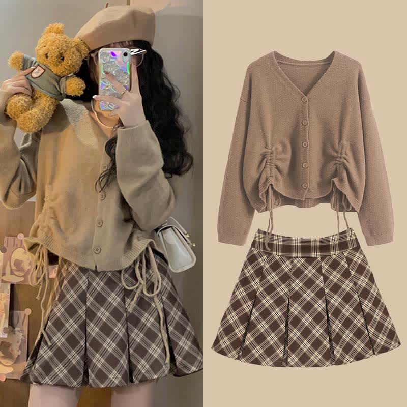 V-neck Drawstring Cardigan Sweater Rhombus Print Pleated Skirt Two Pieces Set