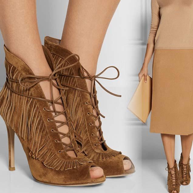 VCSHOES Brown Suede Peep Toe Fringe Sandals