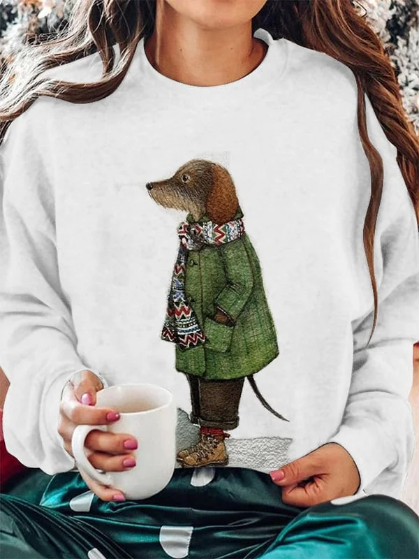 Women's Winter Dog Print Crew Neck Sweatshirt