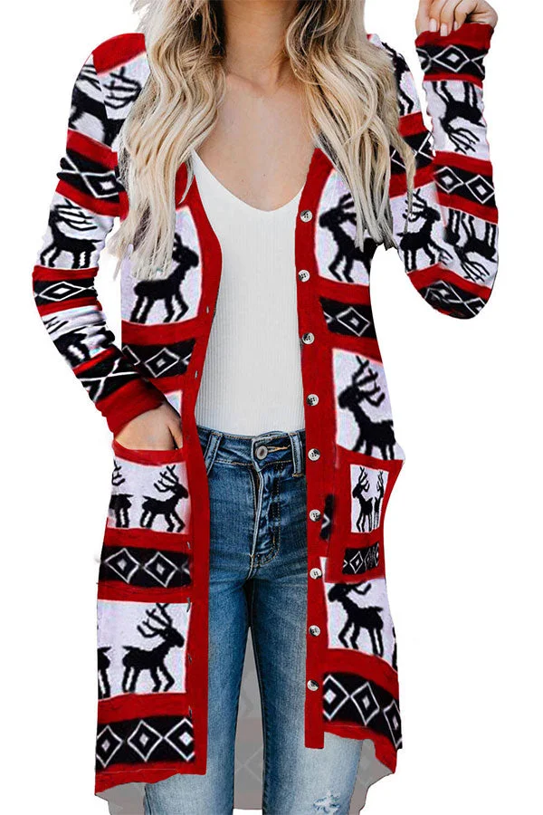 Reindeer Print Cardigan With Pocket Red-elleschic