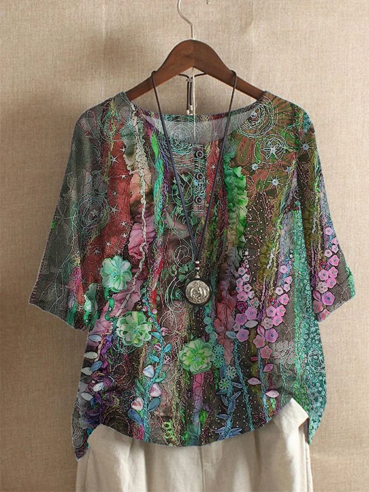 Women's Loose Fitting Fashion Wisteria Printed Casual Top