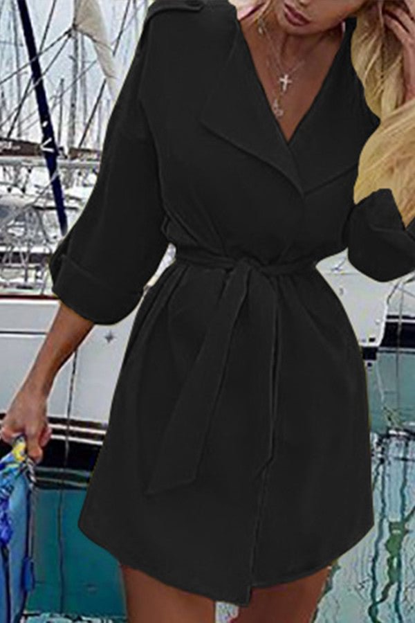 Plain Lace-up Shirt Dress - Life is Beautiful for You - SheChoic