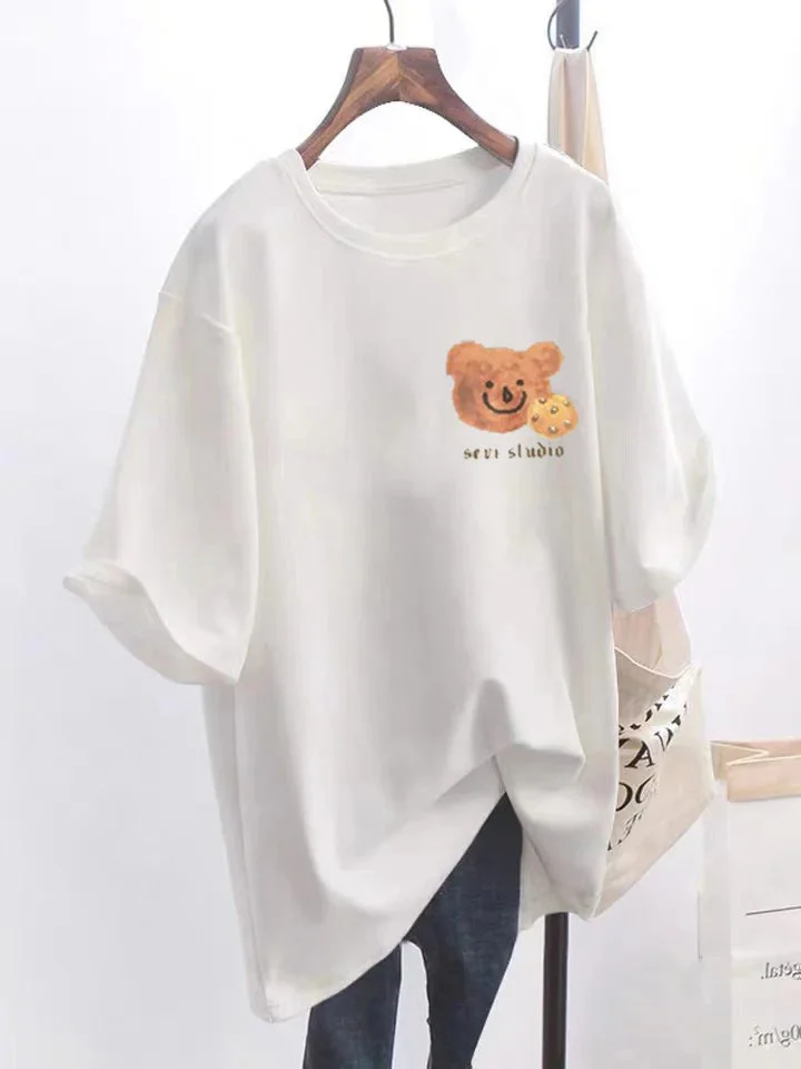 Tlbang Women Short Sleeve Cotton T-Shirts O-Neck Solid Color Loose Casual White Tees Simple Cartoon Print Female Shirts