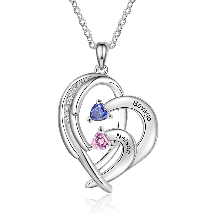 Personalized Heart Wing Necklace Custom 2 Birthstones for Family