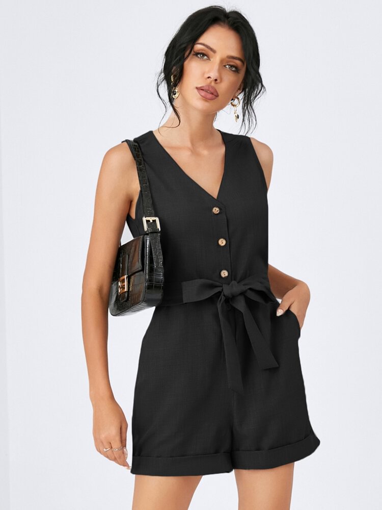 Solid Pocket Button Belt Sleeveless Casual Jumpsuit Women