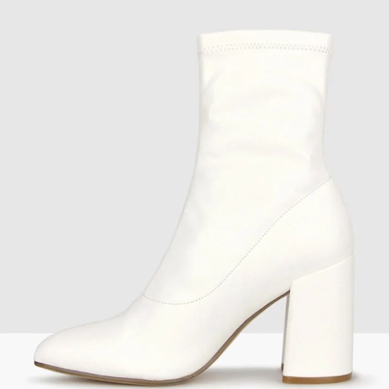 TAAFO White Pointed Toe Ankle Boots Woman High Square Heels Zipper Stretch Fabric Female Casual Booties  