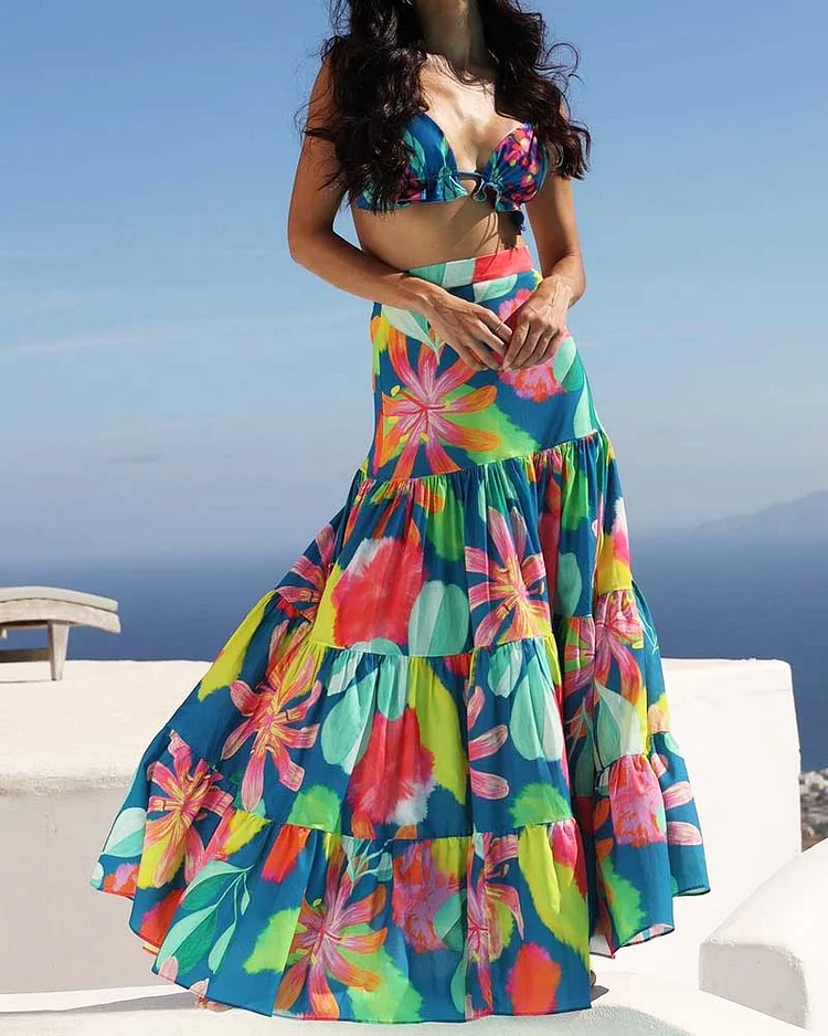 Elegant Holiday Print Top & Skirt Two-Piece Set