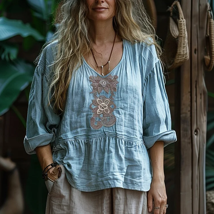 Women's Linen Bohemian Casual Simple Long-sleeved Shirt