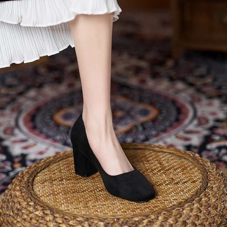 Women's Retro Square Toe Thick Heel Slip-On Office Handmade Suede High Heels  Stunahome.com
