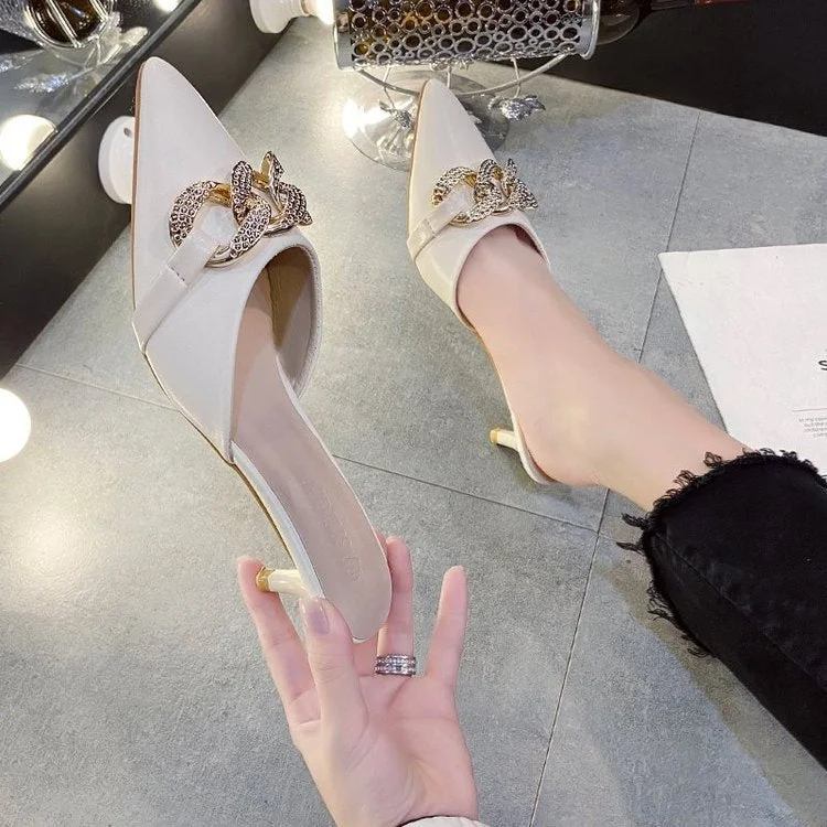 Women's Fashion High Heel Pointed Toe Stiletto Chain Sandals & Slippers