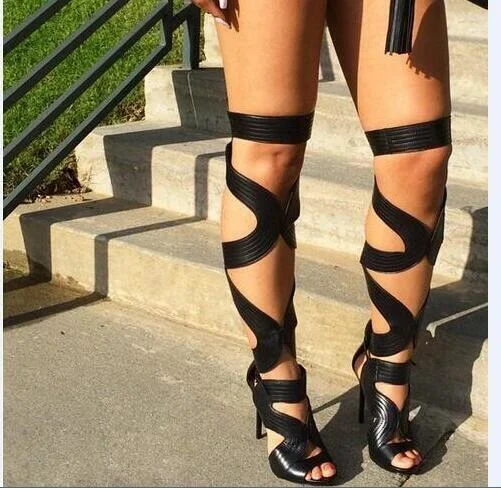 Custom Black Knee High Stiletto Heel Sandals Vdcoo