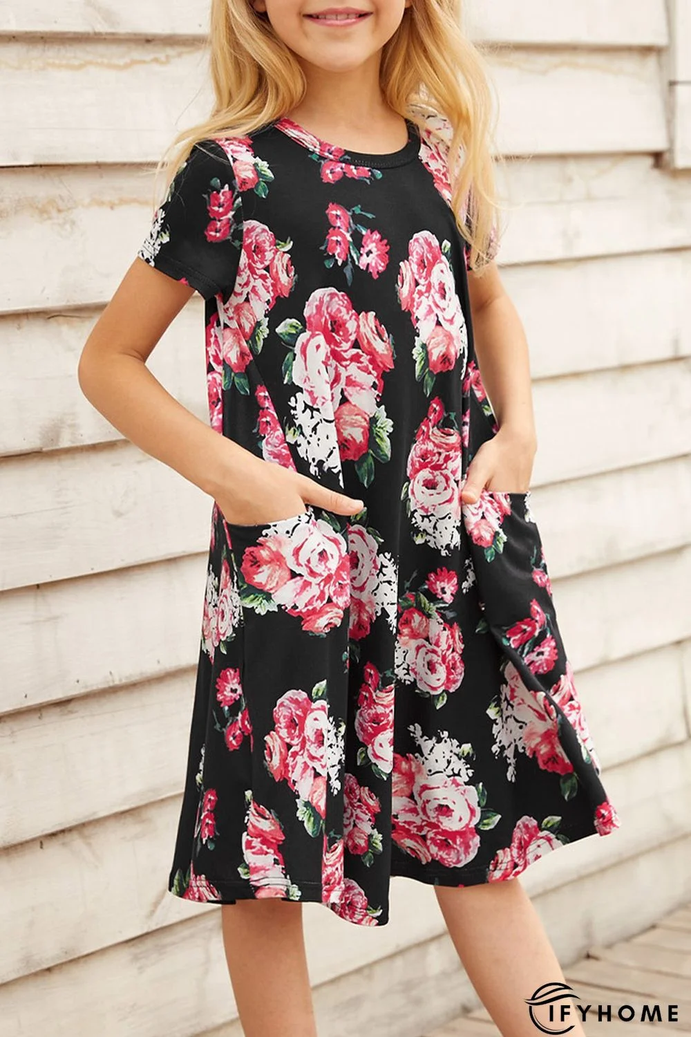 Black Floral Girls T-shirt Midi Dress | IFYHOME