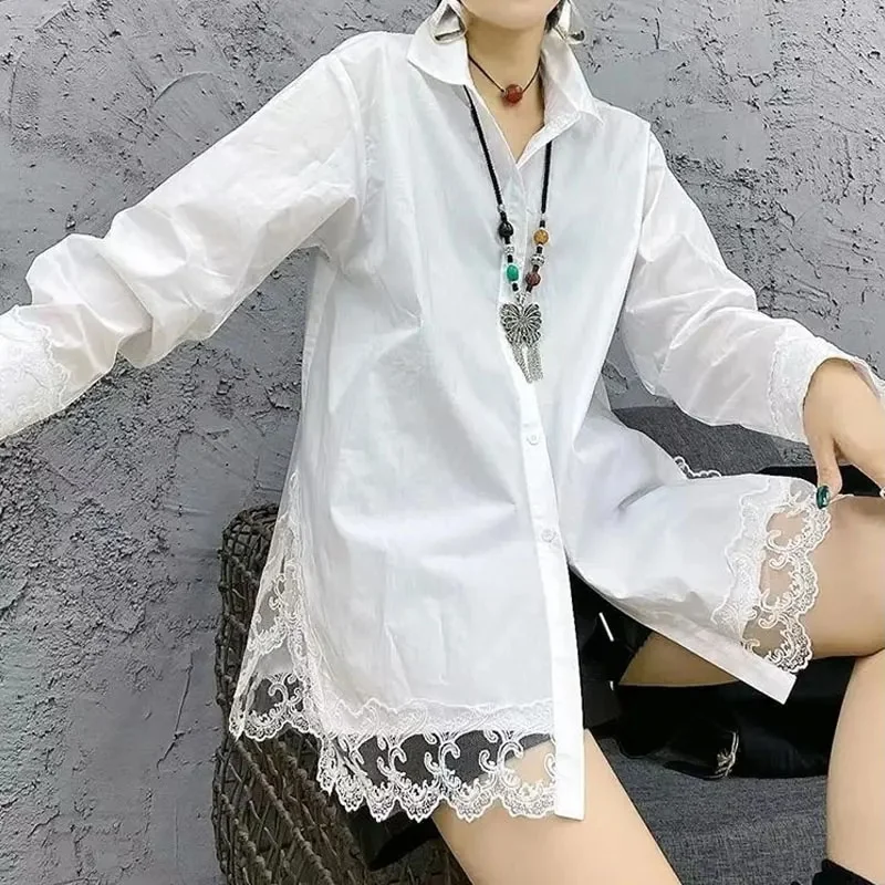Nigikala Lace Spliced Blouse Basic Solid Color Women's Clothing Turn-down Collar Spring Autumn Single-breasted Korean Split Shirt