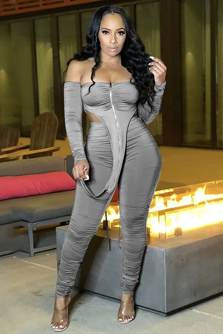 Off Shoulder Long Sleeve Irregular Crop Top High Waist Ruched Pants Matching Set