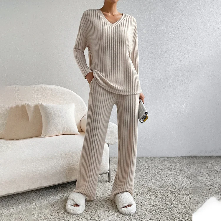 Women's Home Wear V Neck Pit Stripe Long Sleeve Sweater & Pocket Pants 2Pcs Set