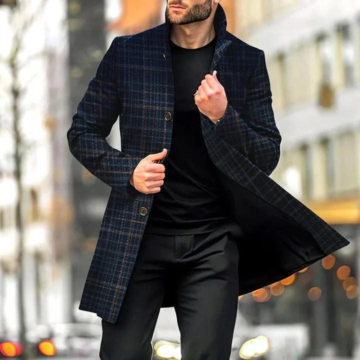 Men's Casual Single Breasted Plaid Pattern Mid-Length Coat