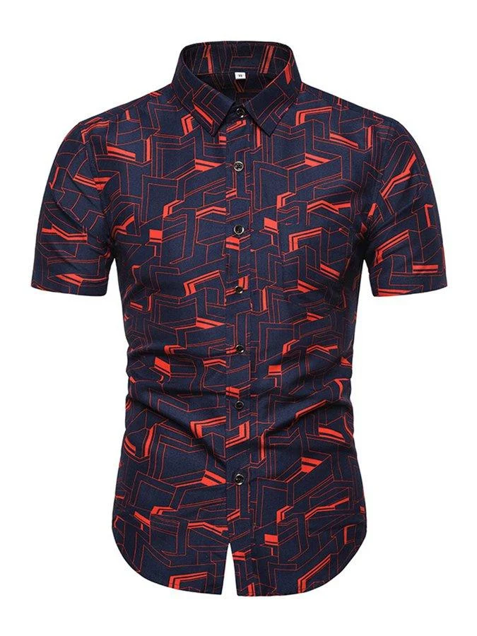 Mens Fashion Geometric Print Short Sleeve Casual Shirt