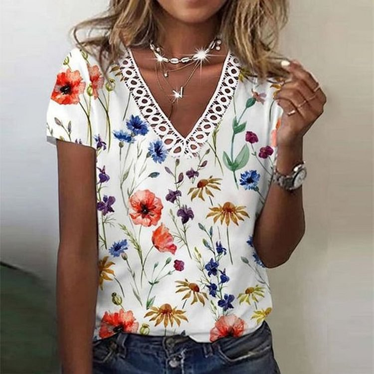 Comstylish Lace Floral Printed Women's Casual Short Sleeve T-Shirt