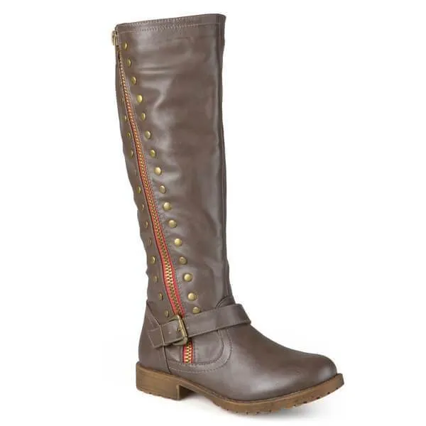 VCSHOES Low Heel Buckle Rivets Knee High Boots
