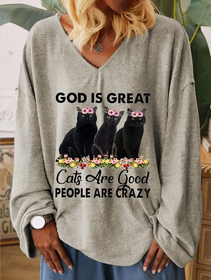 Vefave Floral Cat And Letters Print Long Sleeve Tunic