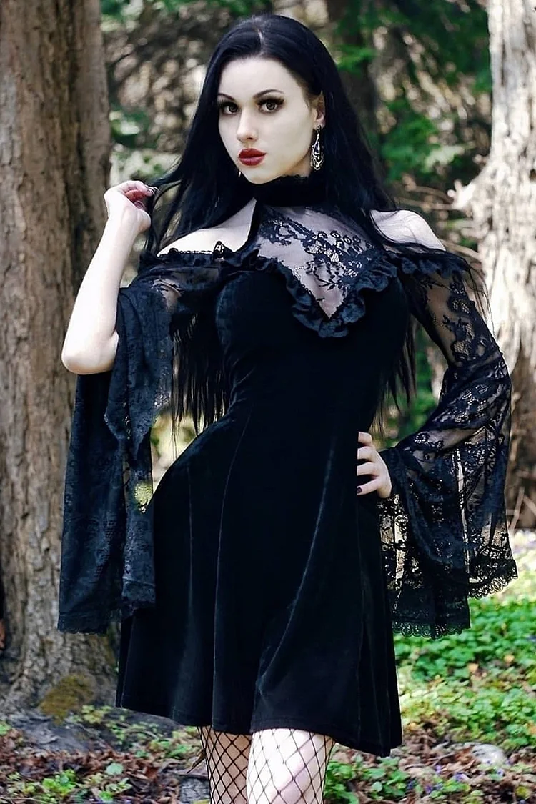Gothic Black Party Lace Patchwork Cold Shoulder Hollow Out Bell Sleeve Mini Dress