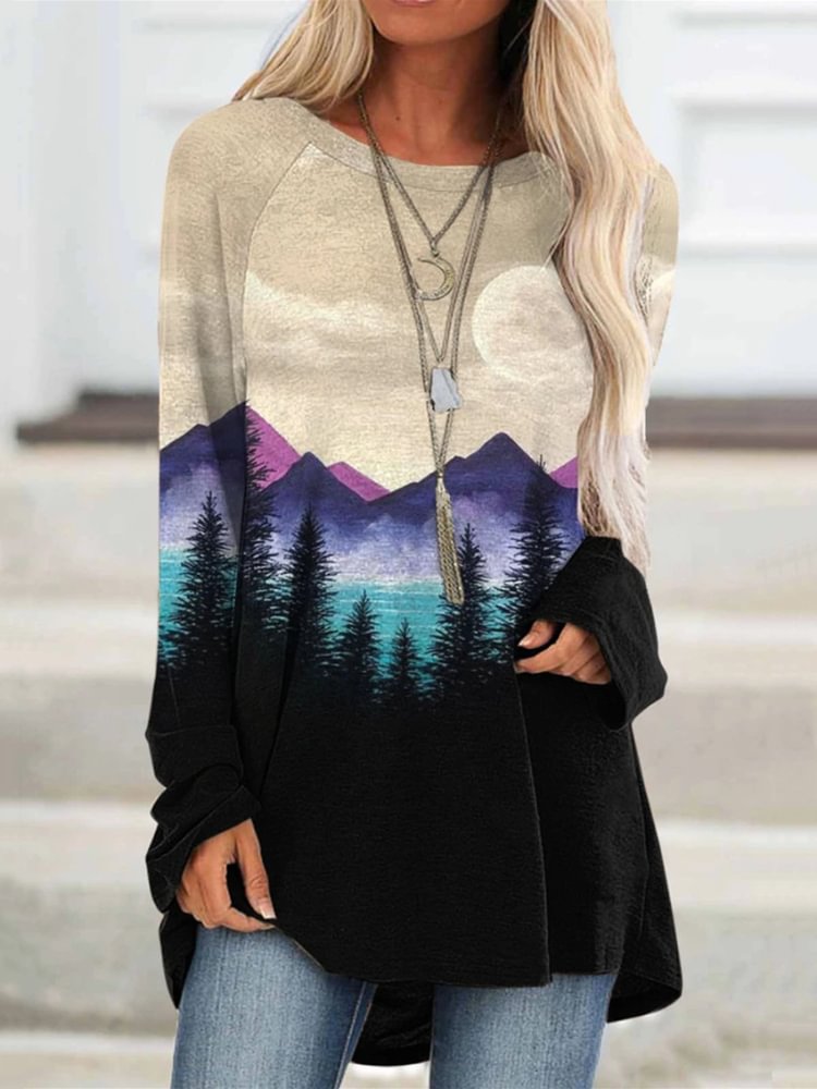 Mountain Art Painting Series Printed Casual Long-Sleeves