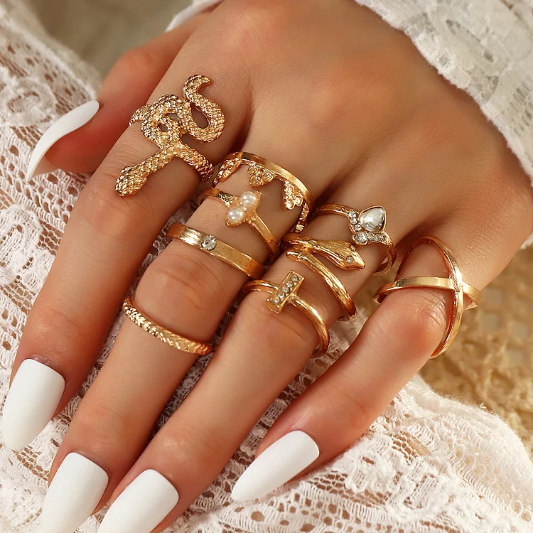 Rz0605 Retro Crown Geometric Joint 9-Piece Ring Alloy Micro-Inlaid Snake Ring Set