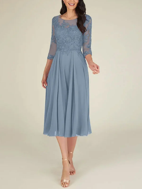 A-Line Scoop Lace Chiffon Tea-Length Dress
