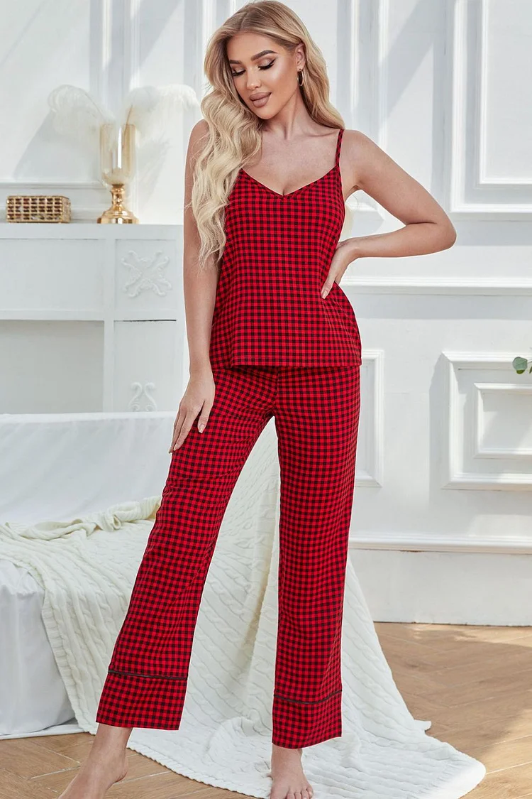 Midnight Mirage Gingham V-Neck Cami and Tied Pants Lounge Set