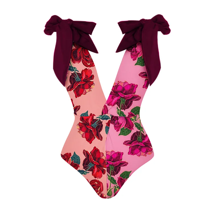 Flaxmaker V Neck Bowknot Decor Floral Print Splicing One Piece Swimsuit
