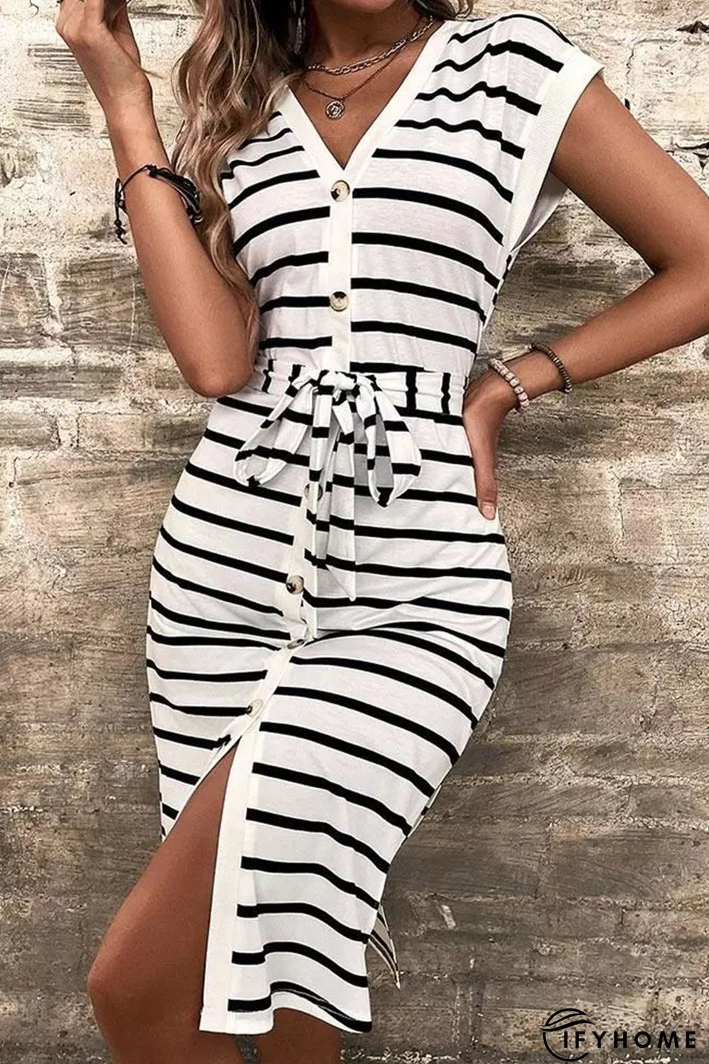Striped Button Slit Tie V-Neck Midi Dress | IFYHOME
