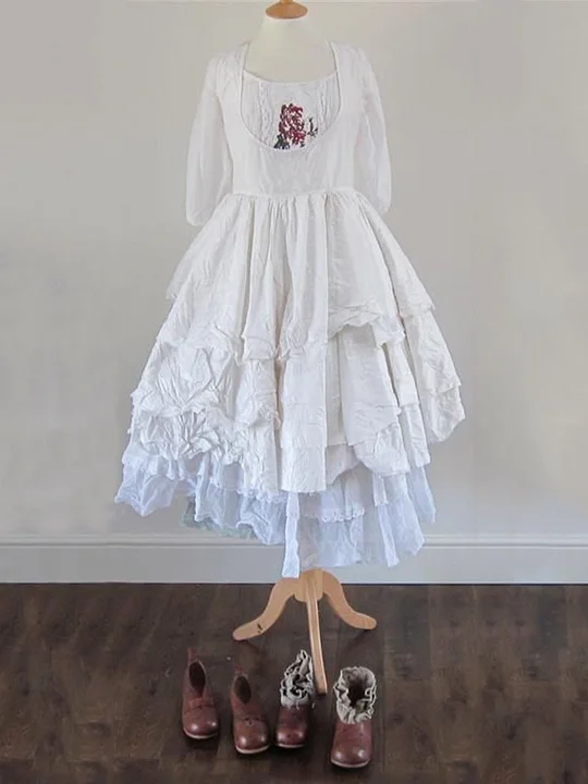 Cotton Linen Pure Color Flounce Dress