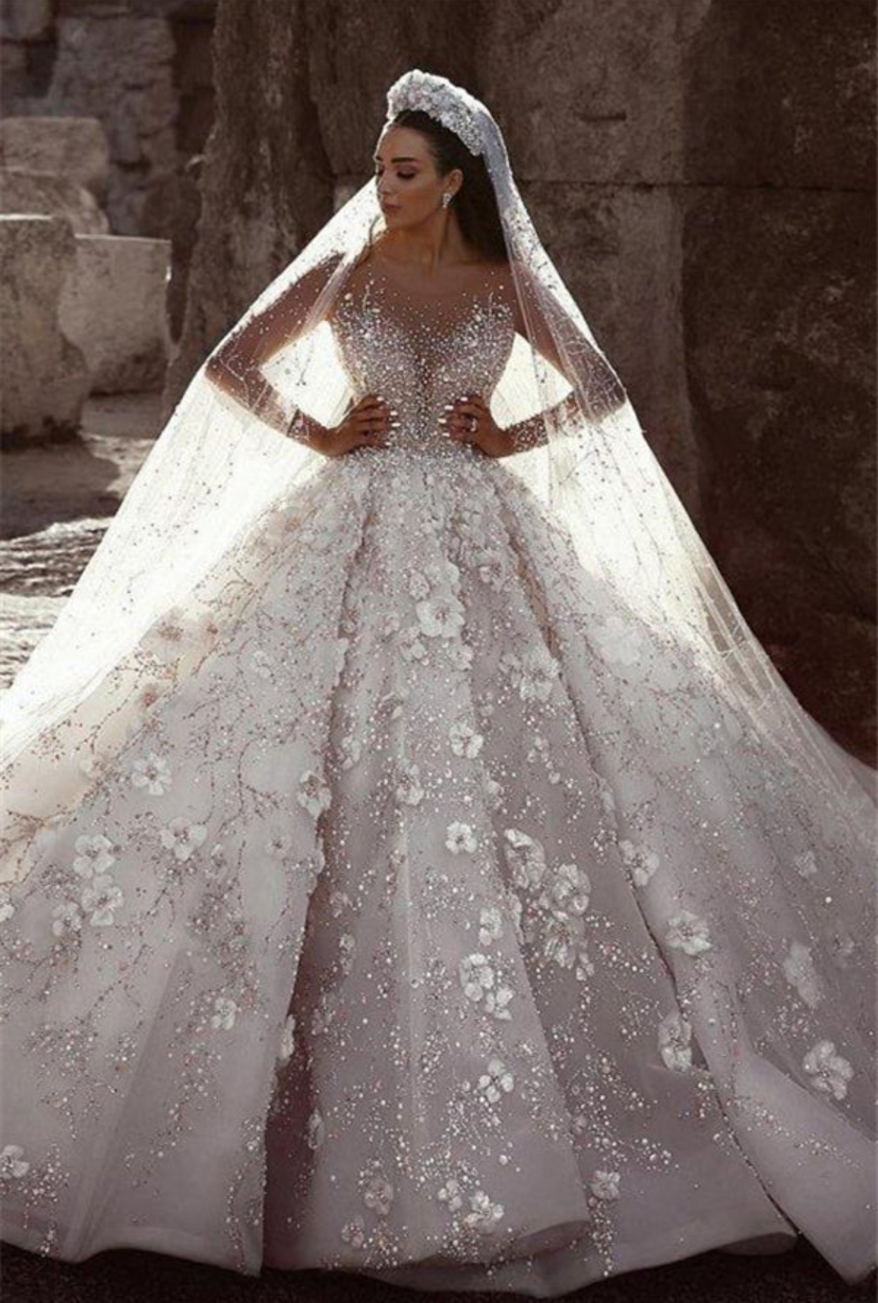 Dresseswow Glamorous Long Sleeves Ball Gown Wedding Dress Beadings With Appliques