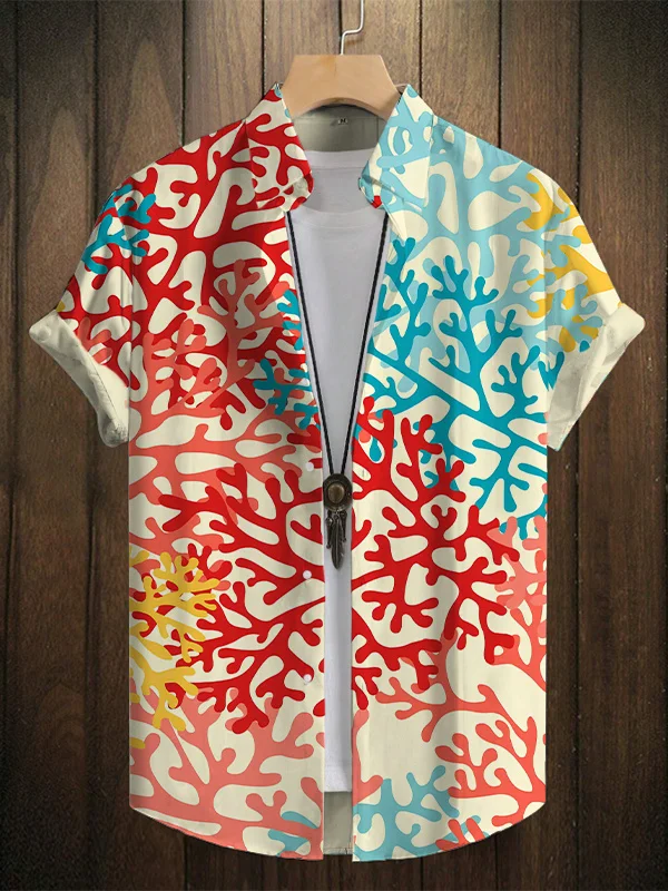 Men's Vacation Multicolor Coral Art Print Shirt