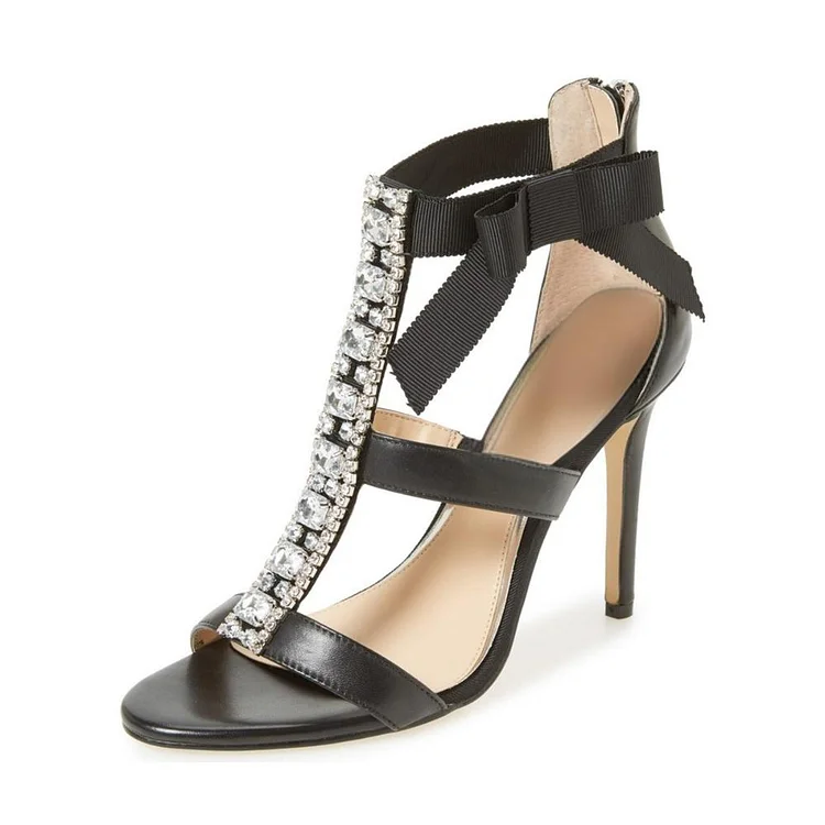 Black T-Strap Rhinestone Evening Prom Heels with Bow Vdcoo