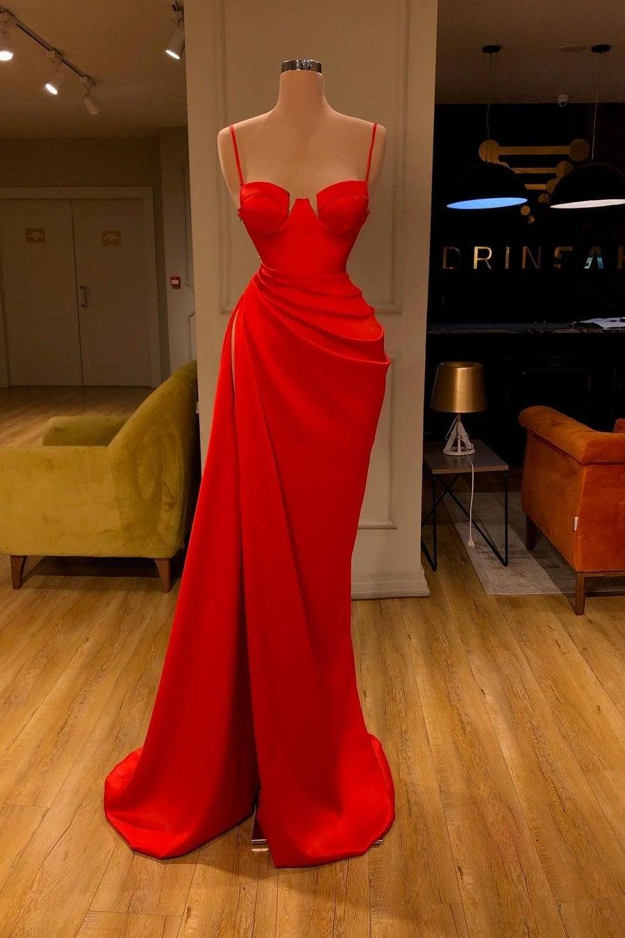 Bellasprom Red Mermaid Prom Dress With Split On Sale Spaghetti-Straps Bellasprom