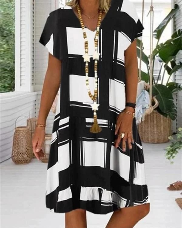 casual plaid ruffles v neckline a line dress p117809