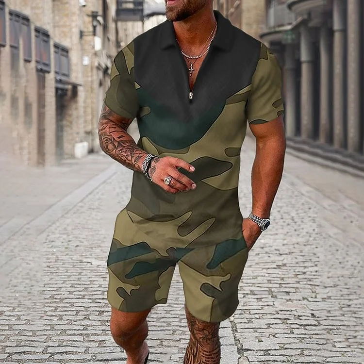 Men's Camouflage Stitching Short Sleeve Polo Shirt And Shorts