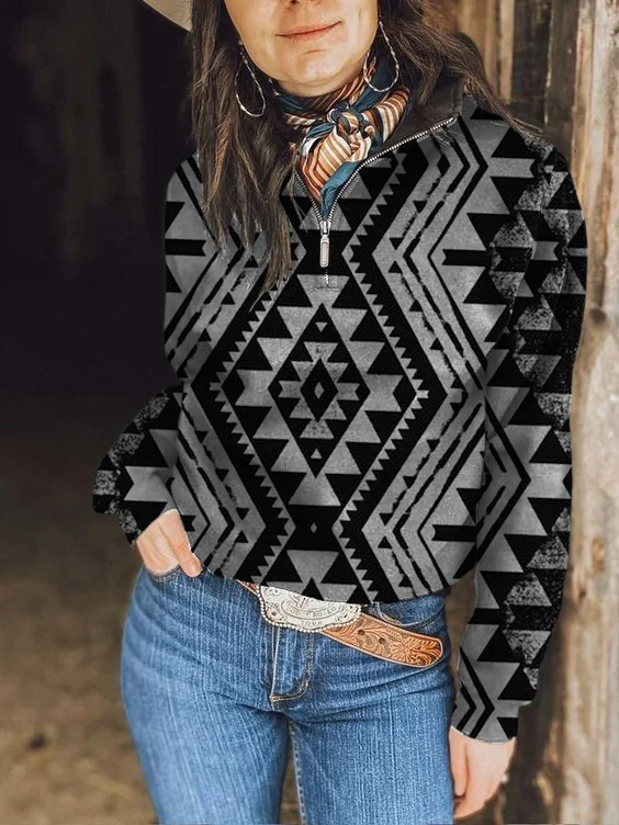 Women's Vintage Ethnic Aztec Print Zip Long Sleeve Sweatshirt-259
