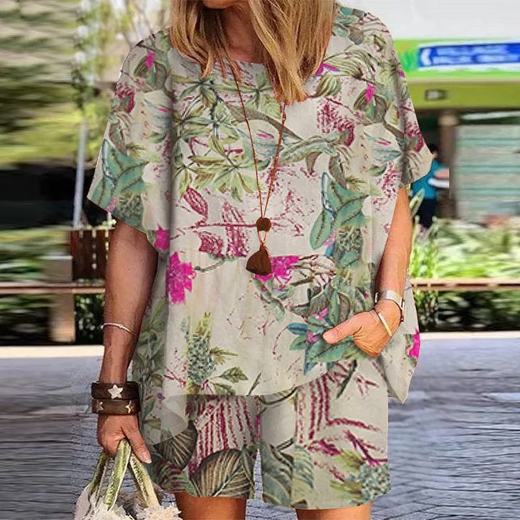 Vintage Crew Neck Print Casual Two Piece Suit socialshop