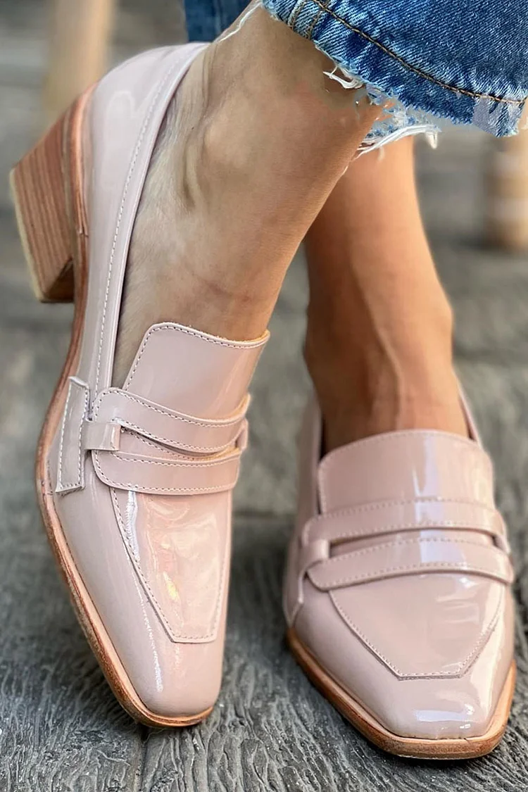 Square Toe Pink Patent Leather Loafers Chunky Heels