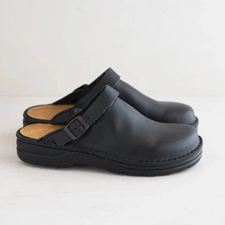 Flat Leather Round Toe Buckle Slip On Sandals