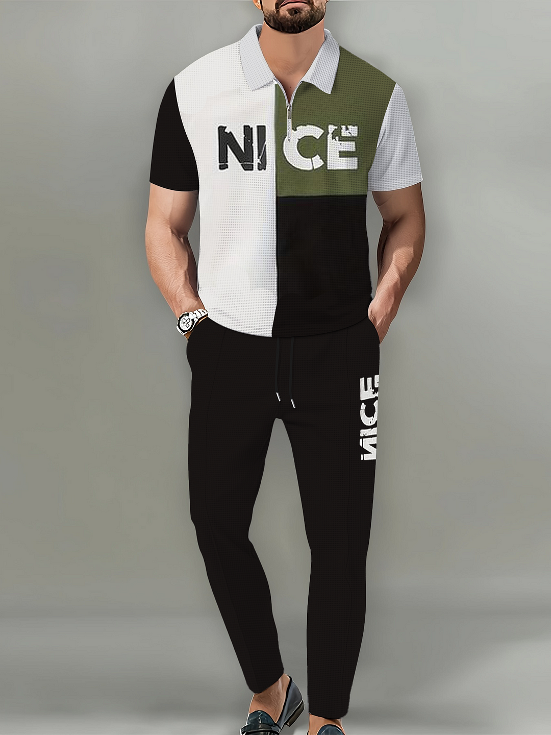 Men's Casual Color Block Letter Polo Shirt and Trousers Two Piece Set 012