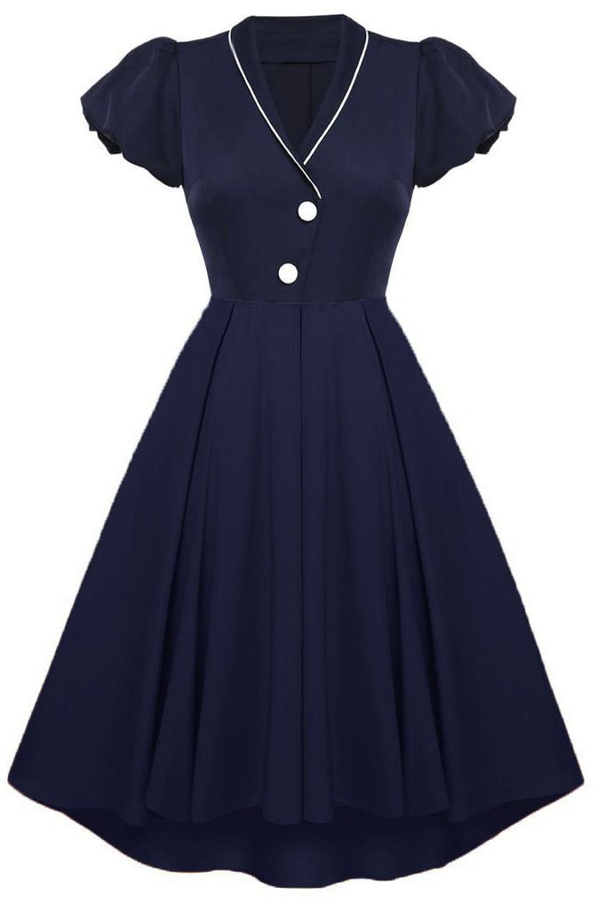 Dark Navy Short Sleeve A-Line Cocktail Party Dresses - BlackFridayBuys
