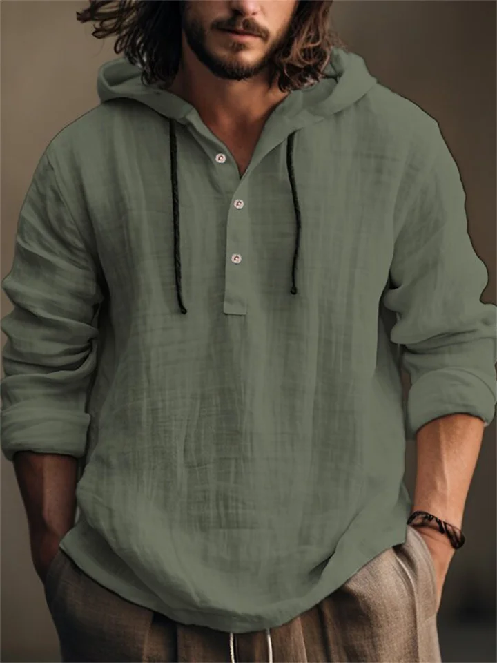 New Solid Color Cotton Linen Shirt Hooded Sweater Long-sleeved Autumn Casual Daily Wear Pop Men's Clothing