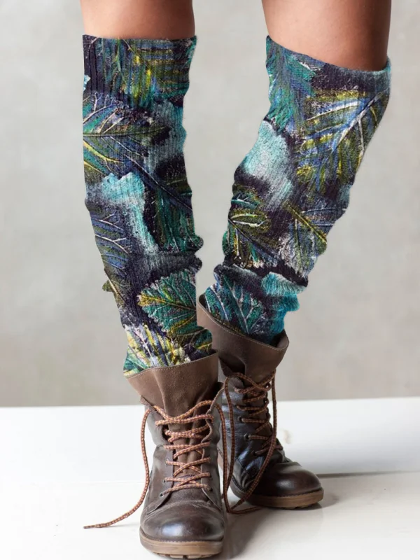 Retro leaves print knit boot cuffs leg warmers